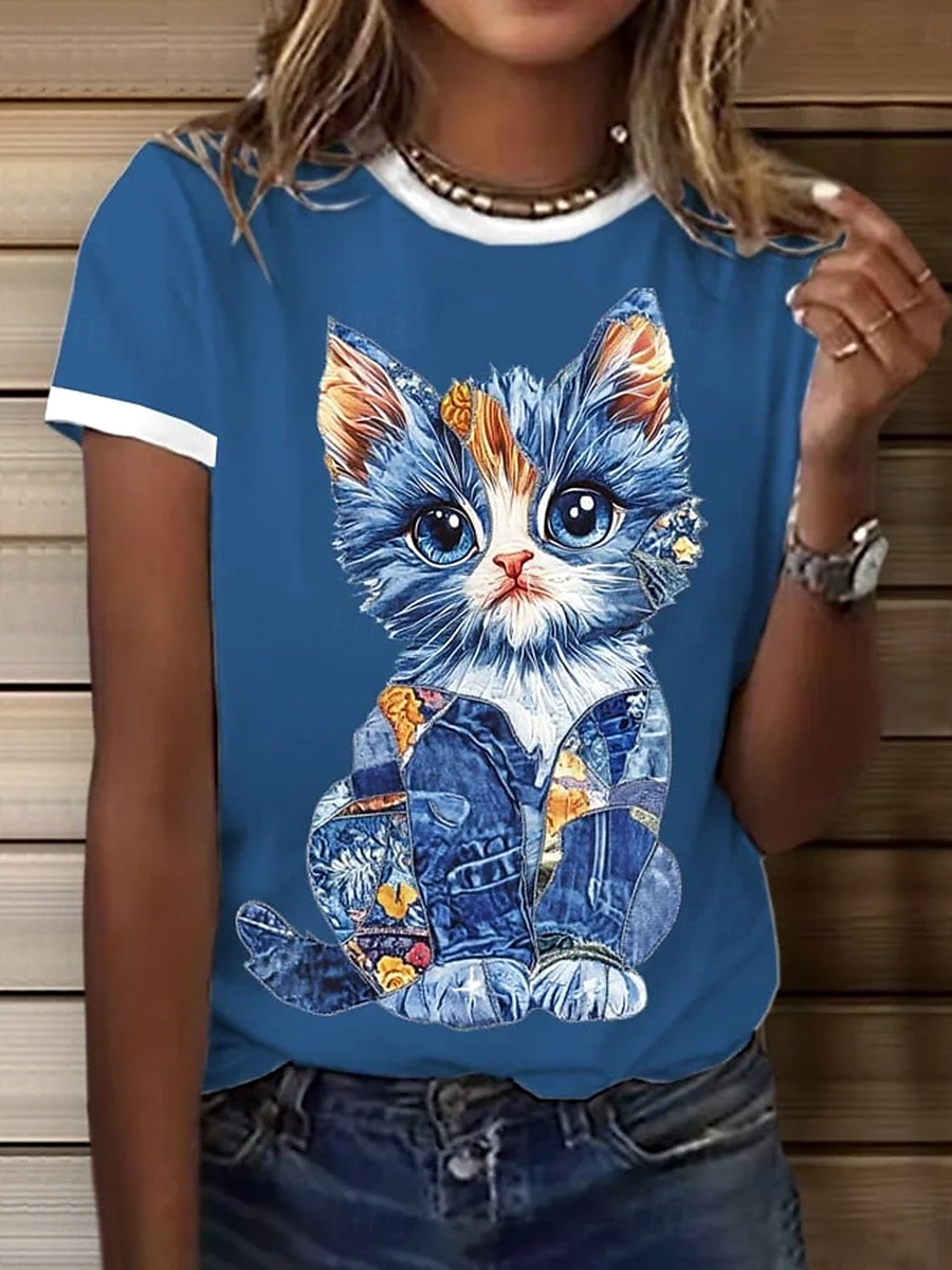Dame T skjorte Grafisk Dyr Katt Årgang Stilfull Klassisk Kortermet Crew-hals Rund hals Vanlige topper Daglig Helg Trykt mønster Svart Hvit Blå lysegrå Sommer Vår 2025 - $19.99 –P2