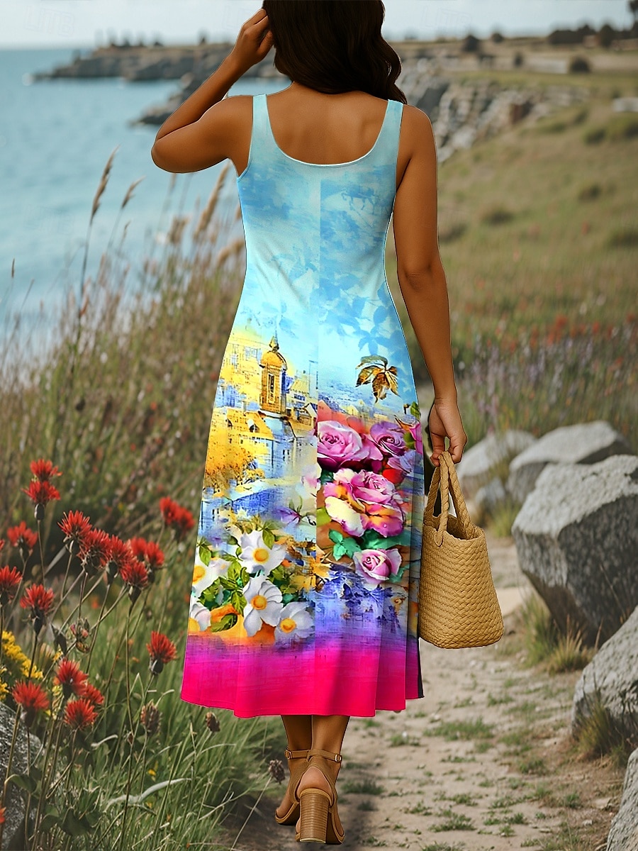 Damen Maxikleid A Linie Kleid Sommerkleid Schulterfreies Kleid Urlaub Lässig Party Date Normale Passform Blumen Grafik Farbblock Ärmellos Quadrathals Rosa Blau Purpur Sommer Frühling 2025 - $27.99 –P2