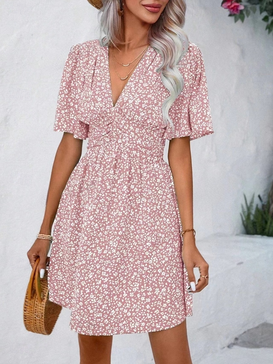 Damskie Sukienka mini Sukienka A line Codzienny Na zewnątrz Wyjściowe Luźny / a Kwiaty Krótki rękaw W serek Czarny Rumiany róż Niebieski Fioletowy Lato 2025 - $31.99 –P6