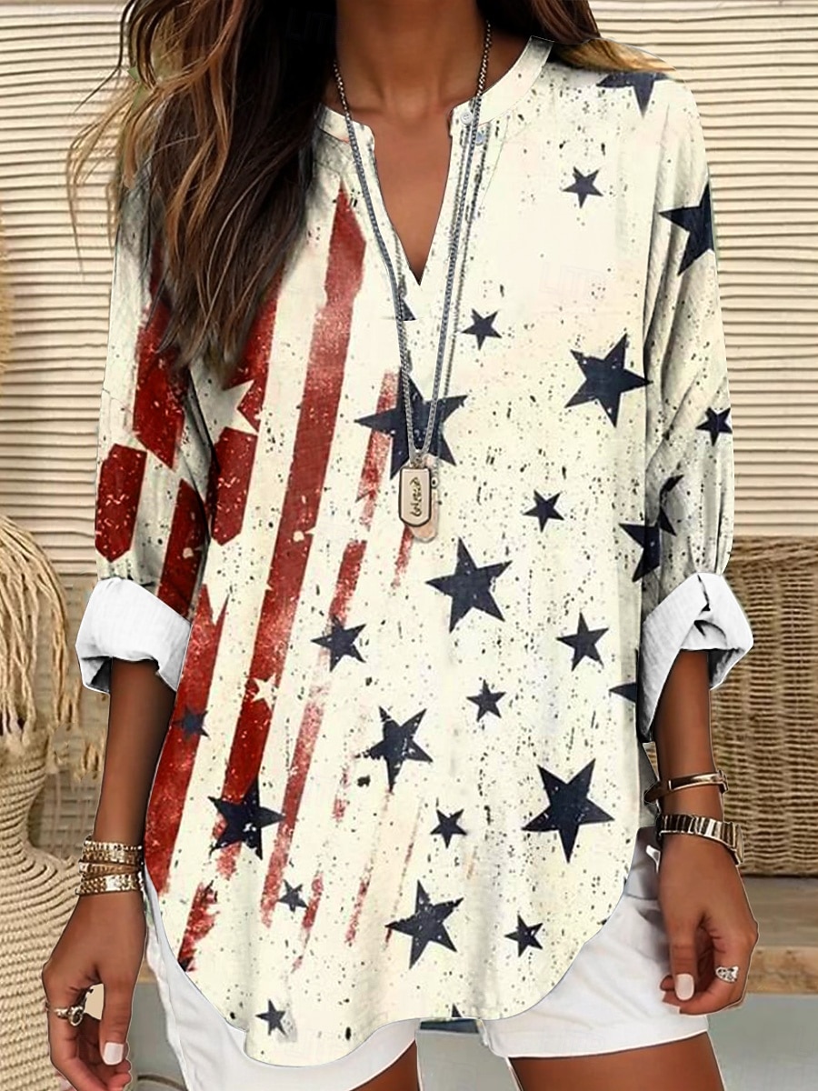 Blusa Patriottica Giorno dell'Indipendenza per Donne Simil Lino Traspirante Leggero Tunica Collo a V Maniche Lunghe Boho Casual Grafica Bandiera Vintage Tropicale Regolare Wear Stampa Giornale del 2026 a $32.99 –P5