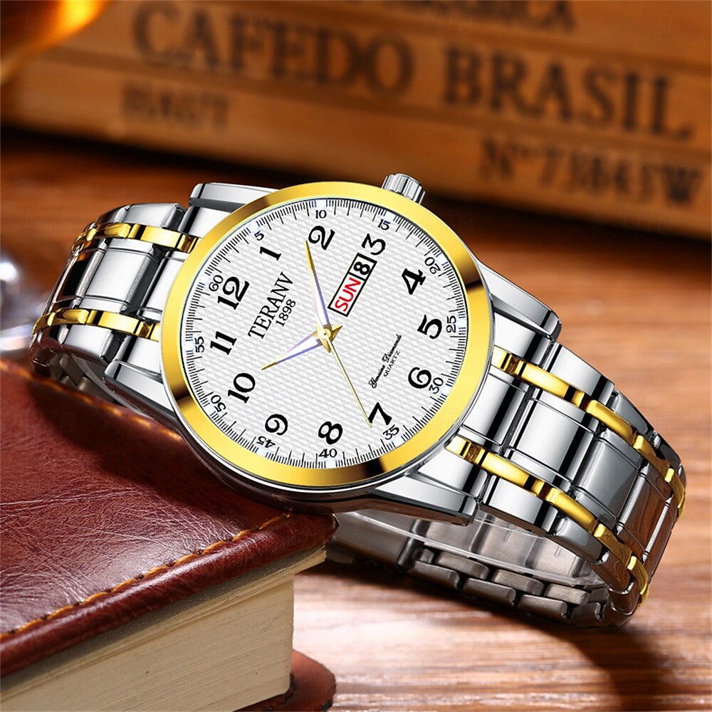 Ceas de mână bărbătesc la modă, cu curea din oțel, cu curea de cuarț, design simplu, cadran circular, calendar dual, impermeabil IPX7, cu lumină de noapte, ceas de afaceri 2025 - $12.99 –P6