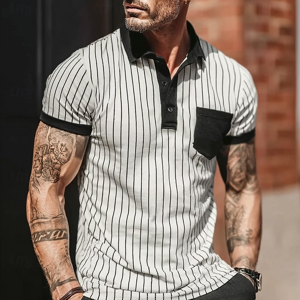 Bărbați Benzi verticale Polo Manșon scurt Răsfrânt Casul Zilnic Îmbrăcăminte Atletică Casul / Zilnic Nasturi Buzunar Vară Albastru ou de Măcăleandru Alb 2025 - $20.99 –P1