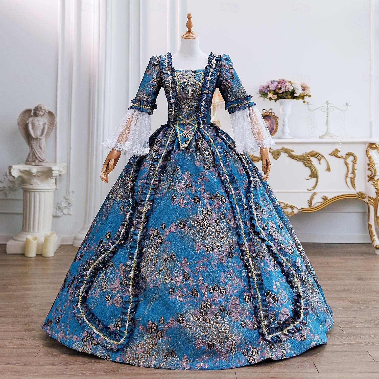 Vintage Rokokoo Renessanssi Maxi Mekot Normaali Juliet hiha Prinsessa Morsian Laskostettu Rimpsu Prinsessa Pyöreä kaula-aukko Naamiaispuku Naisten Halloween Karnevaali Naamiaiset Juhla Halloween 2026 - $294.29 –P2
