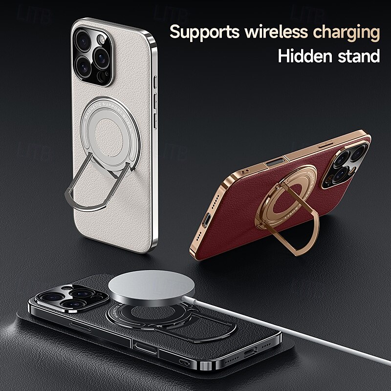 Magnetic Leather Phone Case for iPhone 16/15/14/13 Pro Max – Shockproof Back Cover with Ring Kickstand, Wireless Charging Support 2025 - $27.99 –P1