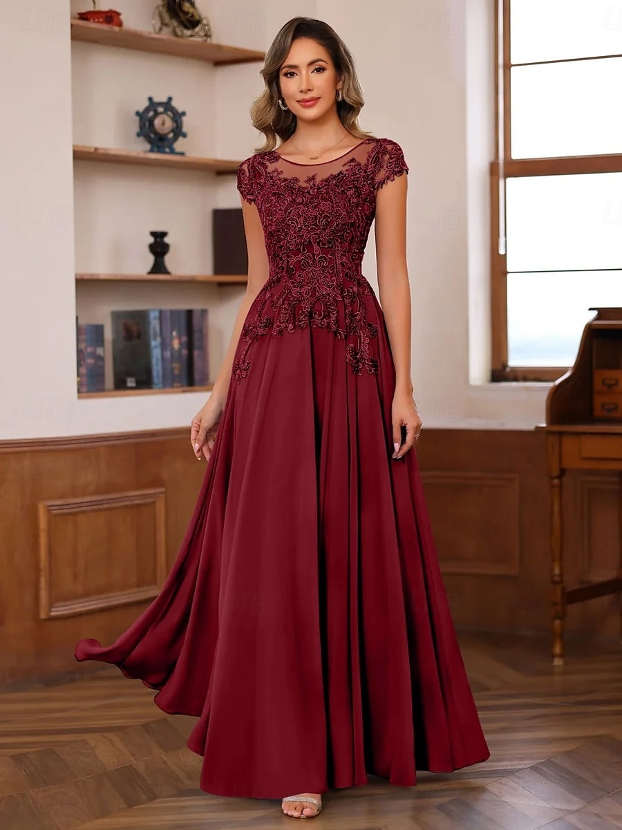 Blue Red A-Line Mother of the Bride Dress Elegant Luxurious Boat Neck Floor Length Chiffon Lace Short Sleeve with Tier Cascading Ruffles 2025 2025 - $139.99 –P7