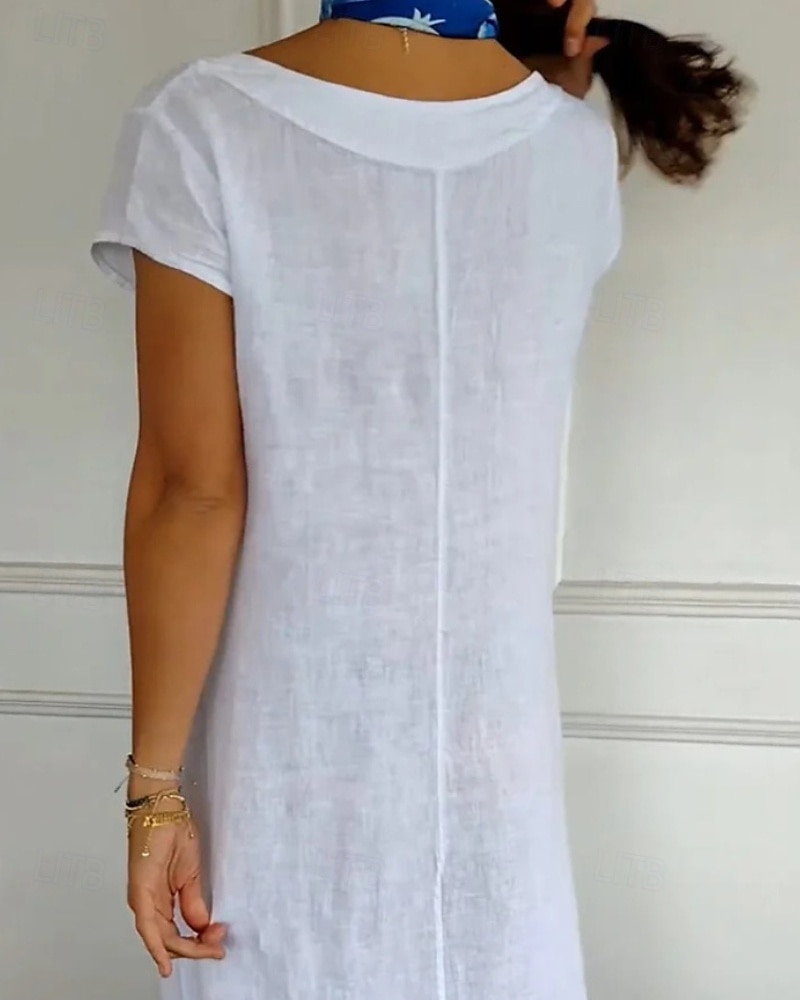 Per donna Abito Midi Vestito Casual Abito in cotone e lino Moda Classico All'aperto Ferie Uscire Vestibilità regolare Semplice Manica Corta Girocollo Nero Bianco Cachi Estate del 2025 a $32.99 –P2