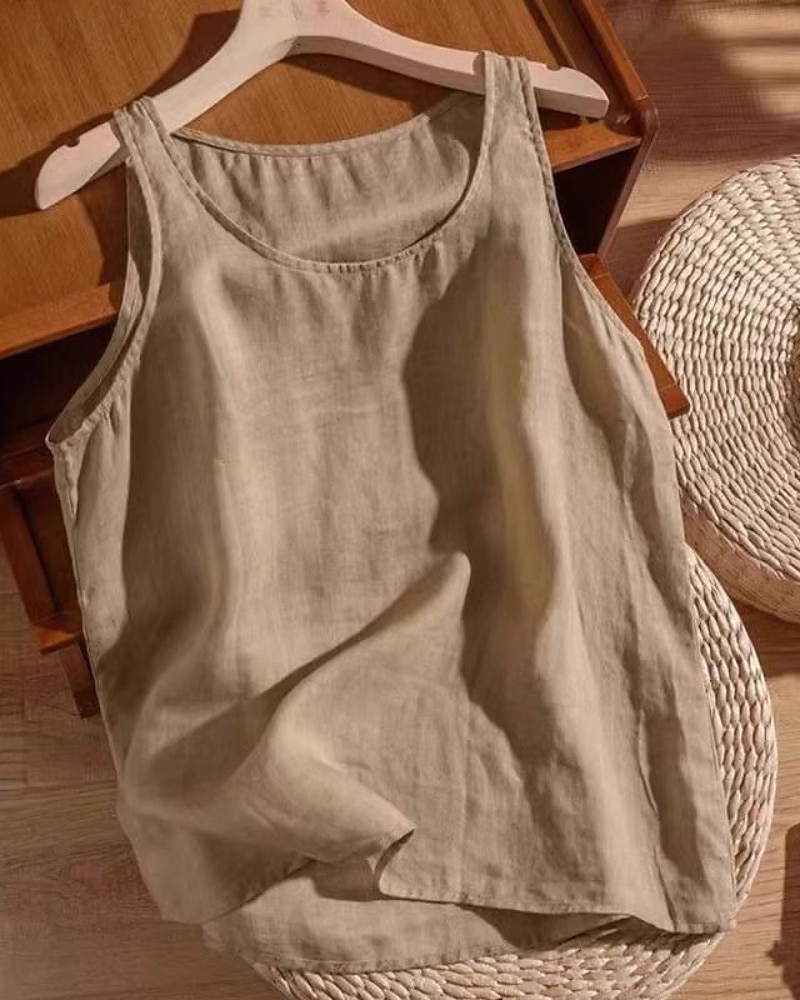 Dame Bomull lin vest Bluse عادي Fritid Ermeløs Crew-hals Vanlige topper Daglig Ferie Hvit Oransje Grønn Kakifarget Sommer 2025 - $19.99 –P3