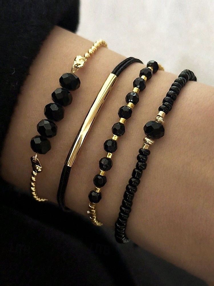 Set bohemian zwarte kralenarmbanden voor dames, met gouden versiering, verstelbaar, modieuze en trendy sieraden, geschikt voor dagelijks gebruik, op reis en voor feestjes 2025 - $9.99 –P1