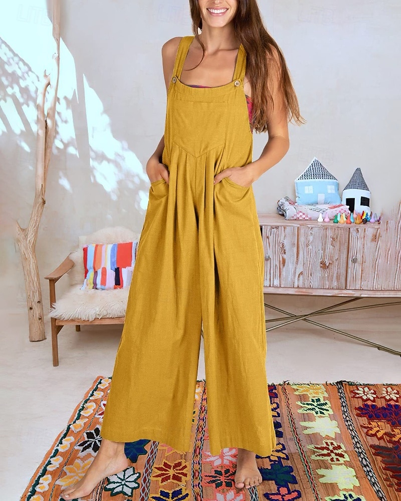 salopetă salopetă damă salopetă streetwear culoare uni fără mâneci decolteu în U buzunar stradă ieșire croială standard negru alb galben vară 2025 - $31.99 –P9