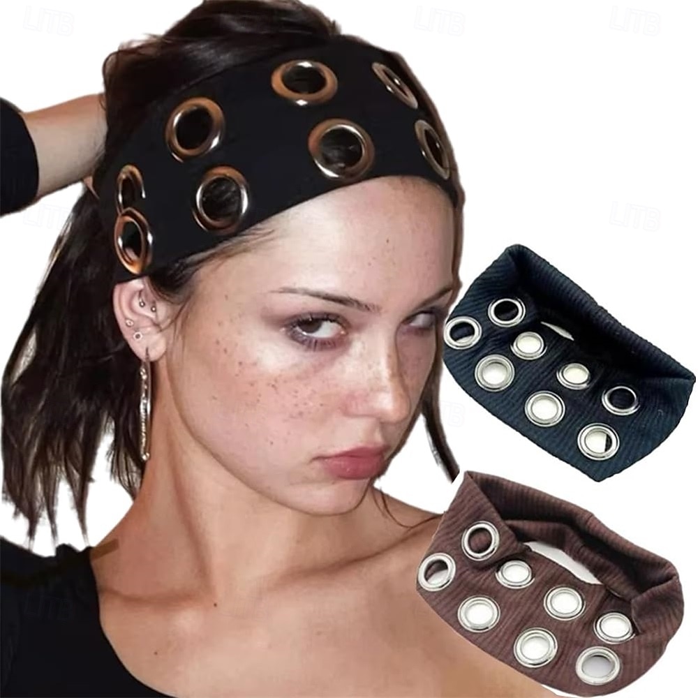 Faixa de cabelo elástica com ilhós vazados para mulheres, estilo punk grunge, faixa de cabelo larga, acessório casual elástico para cabelo de 2025 por $13.99 –P1