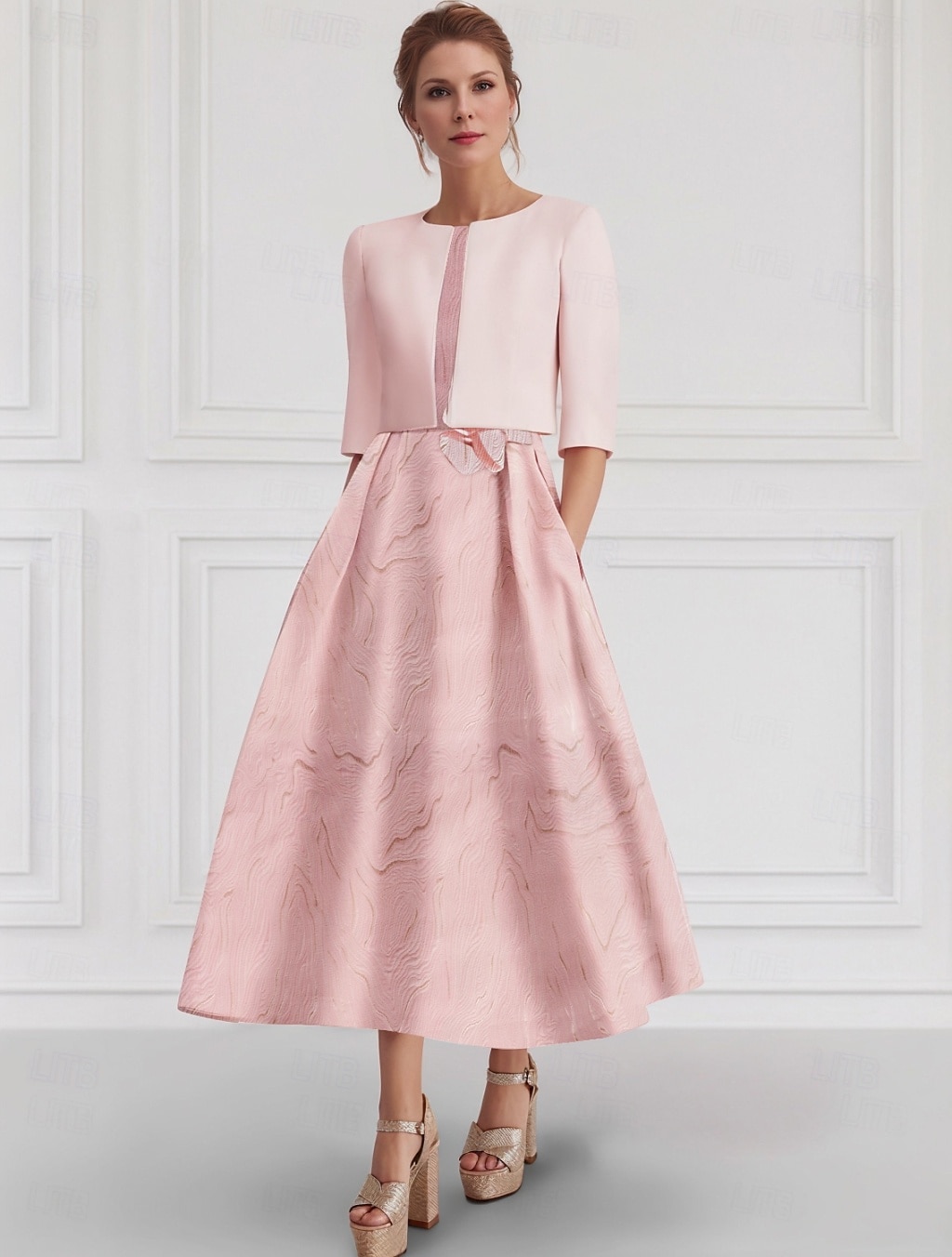 А-силуэт Ниже колена Свадебное платье для гостей Платье для матери невесты Без рукавов Рукав 3/4 Квадратный вырез Элегантный стиль Вечеринка в саду Свадьба Официальные Стретч-креп с Карман 2026 - $167.99 –P3