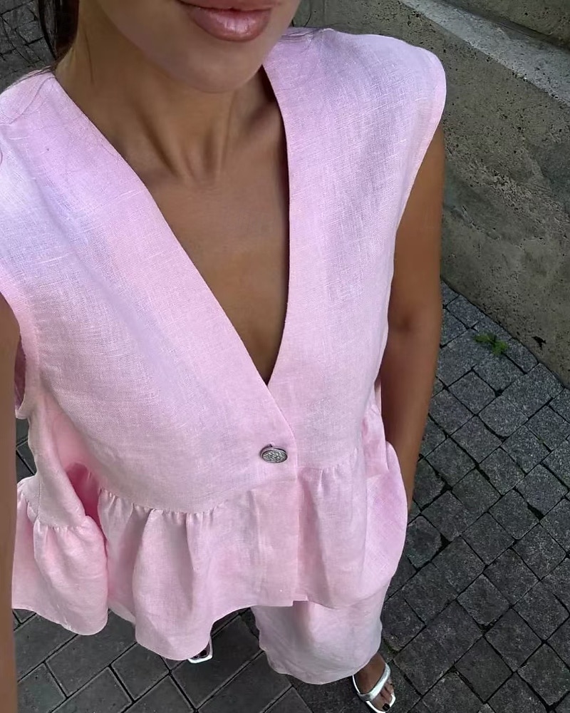 Damen Aktiv Mode Baumwoll-Leinen-Hemden Bluse Hosen-Sets Ärmellos V Ausschnitt Einfarbig Dubbele Rij Knopen Urlaub Alltagstauglich Schwarz Rosa Leicht Blau Sommer Normale Passform 2025 - $36.99 –P4