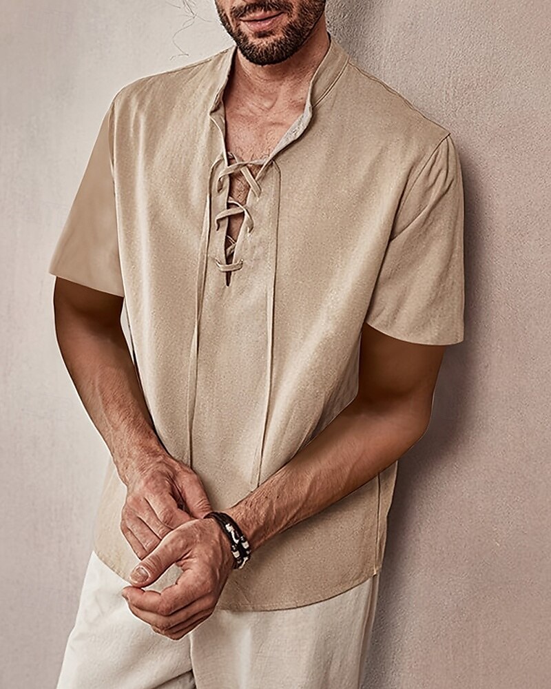 Men's Shirt Summer Shirt Casual Shirt Beach Shirt Black Apricot Short Sleeve Plain Band Collar Vacation Hawaiian Lace up Clothing Apparel Polyester Fashion Casual Comfortable 2025 - $23.99 –P1