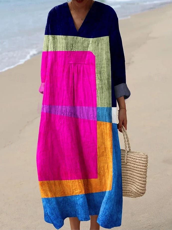 Women's Midi Dress Sundress A Line Dress Vacation Casual Boho Going out Beach Graphic Geometric Stripe Long Sleeve V Neck Black Yellow Dark Pink Blue Summer Spring 2025 - $35.99 –P4