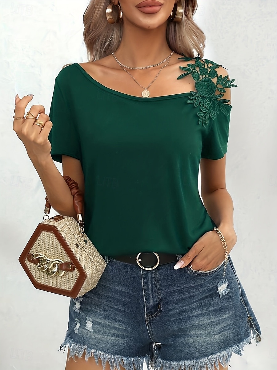 Damen T Shirt Einfach Mode Modern Lässig Kurzarm V Ausschnitt Normale Oberteile Täglich Wochenende Patchwork Bestickt Schwarz Weiß Braun Grün Sommer Frühling 2025 - GBP £15 –P16