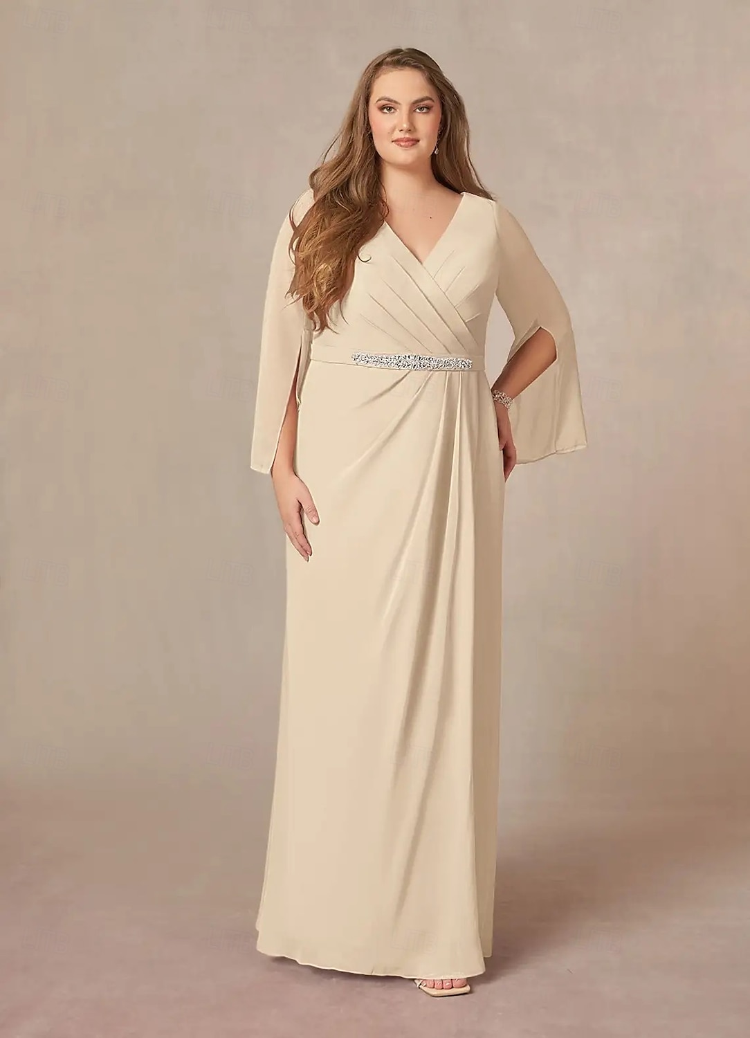 A-Linie Brautmutterkleid Hochzeitsgast Elegant V Ausschnitt Bodenlang Chiffon Spitze Langarm mit Falten Perlenstickerei Raffung 2025 2025 - $164.99 –P1
