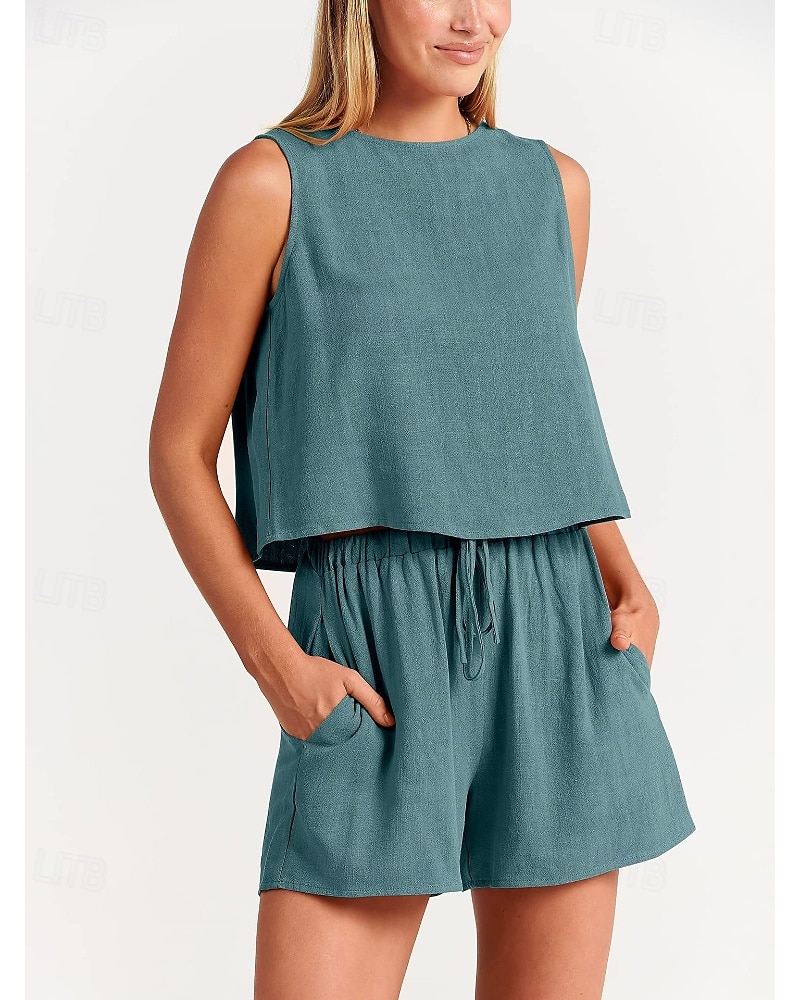 Damen Aktiv Basic Baumwoll-Leinen-Sets Bluse Shorts-Sets Ärmellos Rundhalsausschnitt Einfarbig Kordelzug Ausgehen Wochenende Schwarz Blau Orange Sommer Normale Passform 2025 - NZ $63.49 –P15