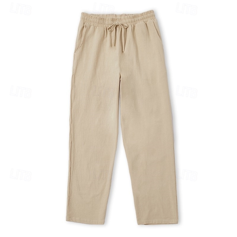 Pacote com 2 calças de linho masculinas, calças de verão, calças largas, calças de praia, cordão, cintura elástica, lisas, confortáveis, respiráveis, comprimento total, uso ao ar livre, diário, moda de férias, estilo clássico, branco + azul celeste de 2025 por $29.99 –P10