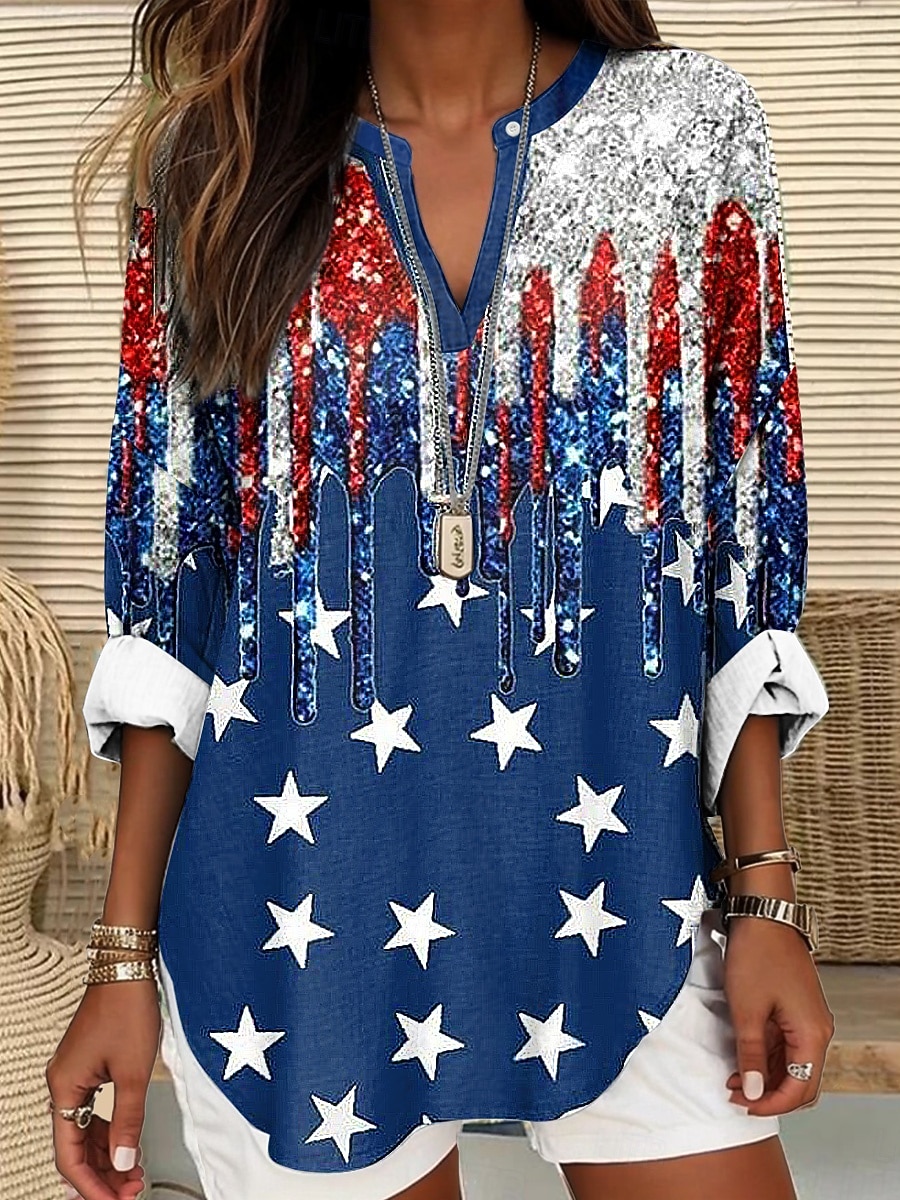 Blusa Patriottica Giorno dell'Indipendenza per Donne Simil Lino Traspirante Leggero Tunica Collo a V Maniche Lunghe Boho Casual Grafica Bandiera Vintage Tropicale Regolare Wear Stampa Giornale del 2026 a $32.99 –P1