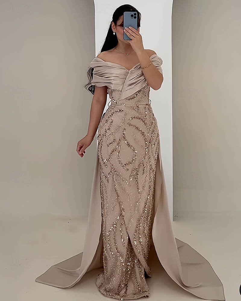 A-Linien Abendgarderobe Elegantes Kleid Formelles Hochzeitsbodenlanges Kurzarm Off-Shoulder Satin mit Glitzer Raffung Kristalle 2025 - $159.99 –P1