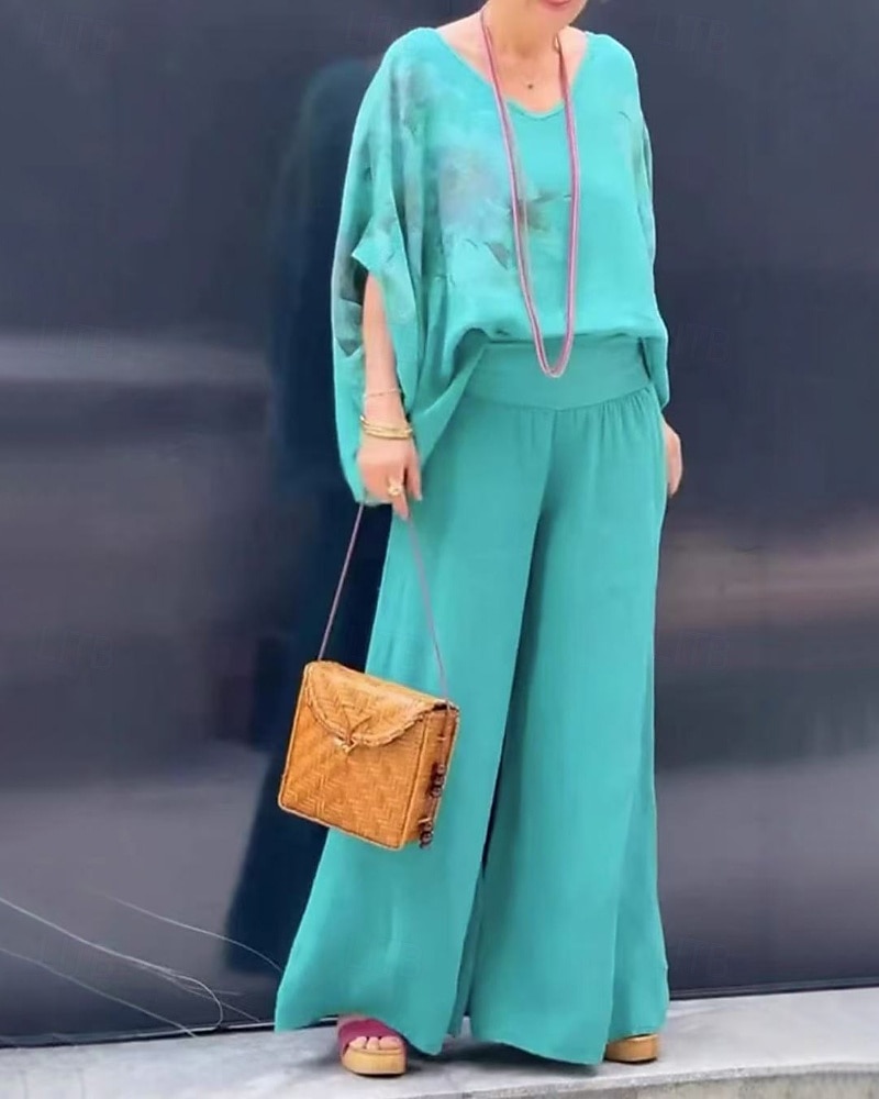 Per donna Attivo Camicie di cotone e lino Blusa Set di Pantaloni Mezza Manica Scollo a V Stampa Stampato Vacanza Ferie Blu marino Viola Marrone Estate Vestibilità regolare del 2025 a $26.99 –P2