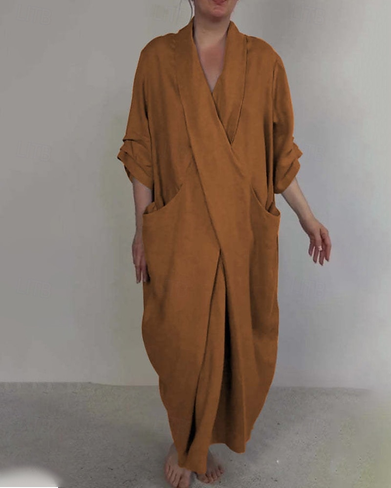 Per donna Abito Lungo Maxi Abito Abito in cotone e lino Moda Moderno All'aperto Vacanza Ferie Vestibilità regolare Semplice Mezza Manica Scollo a V Nero Bianco Blu Viola Estate del 2025 a $26.99 –P6