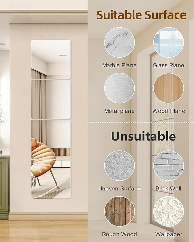 4-pak szklanych płytek lustrzanych ściennych 12" x 12" bezramowe lustro na całą długość montowane na ścianie lustra do sypialni, domu, siłowni, drzwi, łazienki 2026 - $25.99 –P3