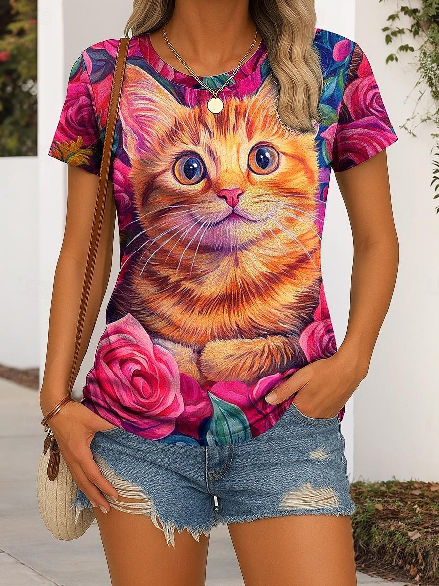 Femmes T-shirt Fleuri Graphique Animal ancien Élégant Classique Manche Courte Col ras du cou Hauts Réguliers Quotidien Week-end Imprimé Rose Claire Vert Été Printemps de 2025 ? $19.99 –P4