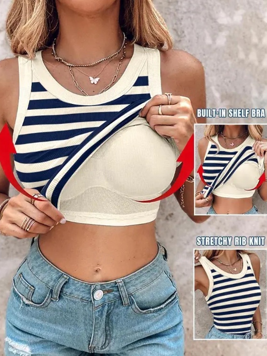 Dame Camisole Tank Top Helfarge Stripet Daglig Fritid Ermeløs Crew-hals Vanlige topper Daglig Trykt mønster Svart Lysegrønn Navyblå Grønn Sommer Vår Built-in Bra Ribbed 2025 - $19.99 –P6
