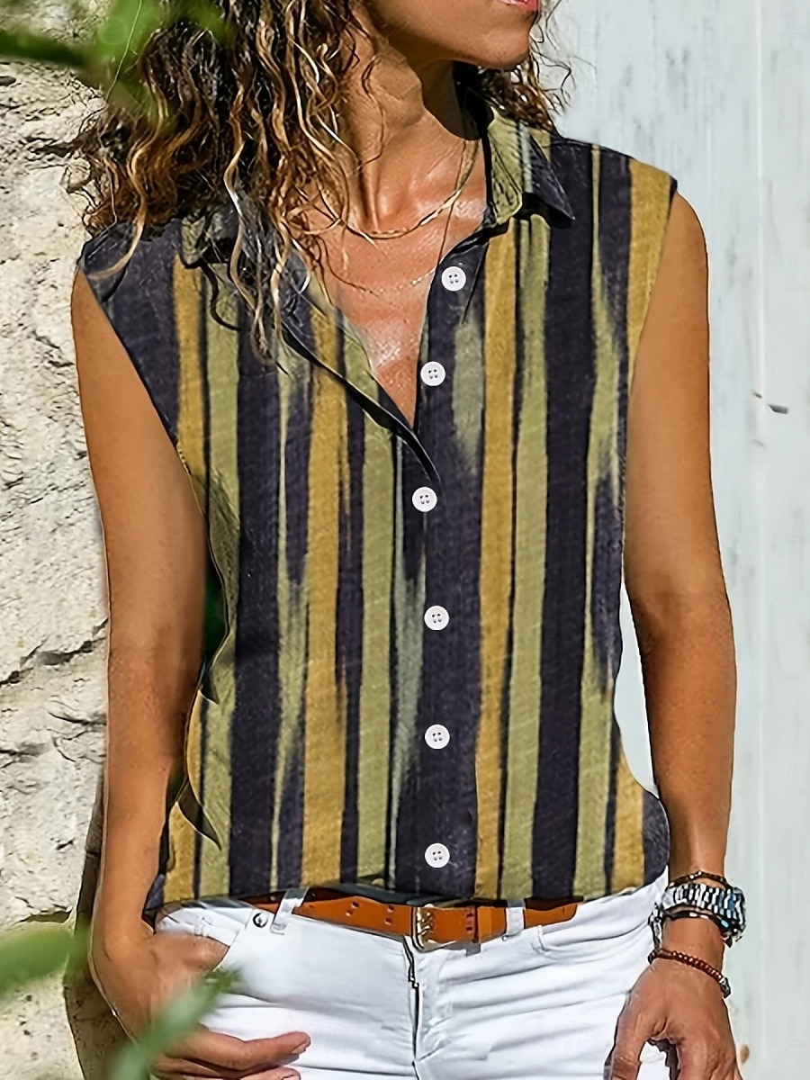 Women's Camisole Tank Top Striped Daily Casual Sleeveless V Neck Regular Tops Daily Buttons Print Yellow Red Blue Summer Spring 2025 - $16.99 –P4