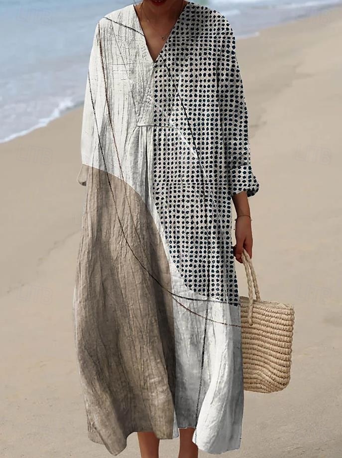 Femmes Robe Midi Robe d'Été Robe trapèze Vacances Occasionnel Boho Soirée Sortir Plage Graphique Géométrique Rayure manche longue Col en V Frêne Jaune Rose Claire Orange Été Printemps de 2025 ? $35.99 –P4