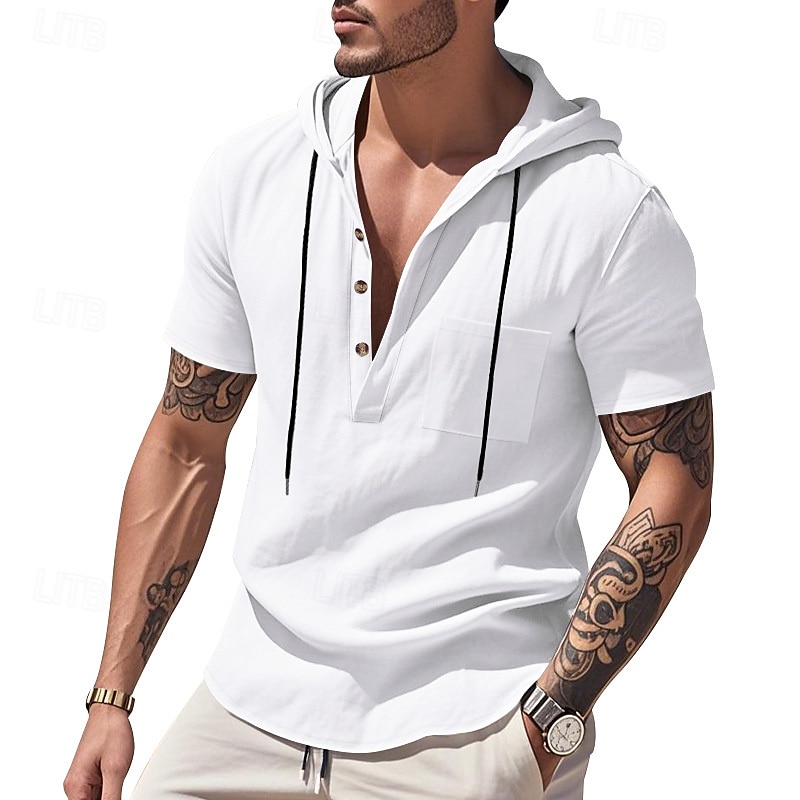 Men's Shirt Linen Shirt Popover Shirt Casual Shirt Cotton Shirt Plain Vacation Street Black White Navy Blue Brown Short Sleeve Hooded Summer Clothing Apparel Lace up 2025 - $22.99 –P9