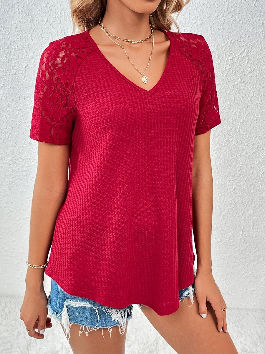 Pentru femei Tricou Simplu Modă Stilat Modern Manșon scurt În V Topuri obișnuite Zilnic Sfârșit de săptămână Dantelă Peteci Negru Alb Roșu-aprins Trifoi Vară 2025 - $15.99 –P3