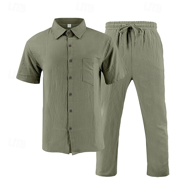 Men's Shirt Suits Shirt and Pant Sets 2 Pieces Outfits Short Sleeve Lapel Summer Plain Fashion Casual 2 Piece Vacation Daily Wear Going out Black White Khaki Top Tee for Men 2025 - $40.99 –P12