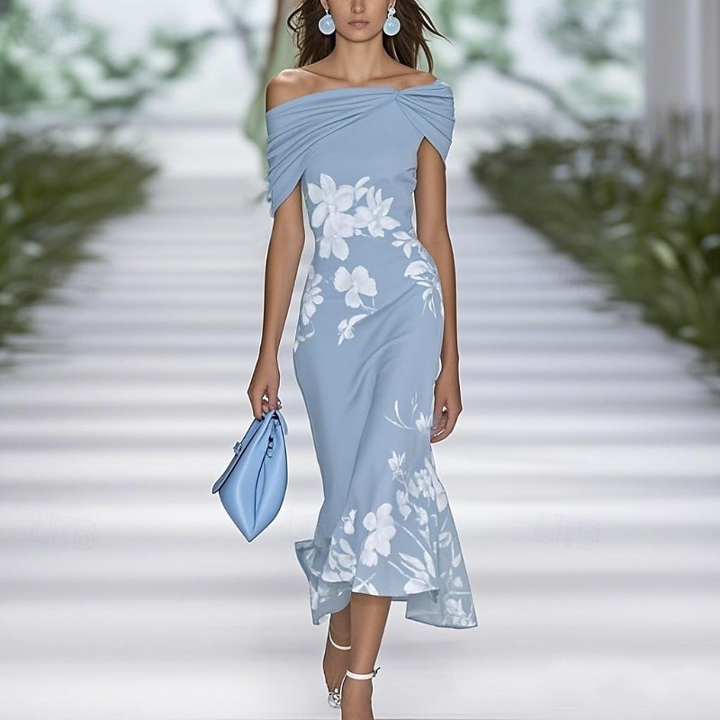 Women's Midi Dress Floral Dress Elegant Fashion Outdoor Vacation Holiday Regular Fit Flower Short Sleeve Off Shoulder Black Light Green Light Blue Summer 2025 - $26.99 –P4