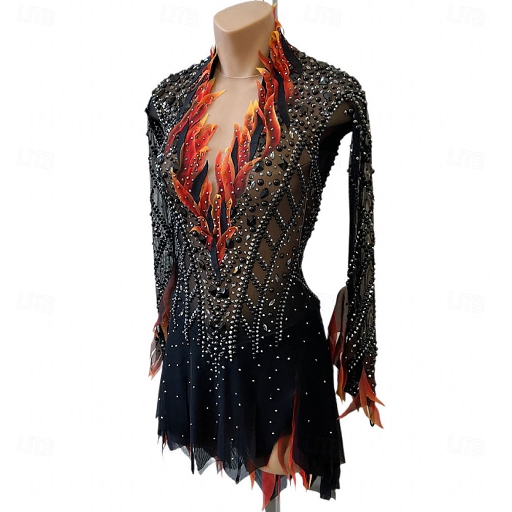 Figure Skating Dress Women's Girls' Ice Skating Dress Black Red Patchwork Open Back Mesh High Elasticity Training Competition Skating Wear Classic Crystal / Rhinestone Long Sleeve Ice Skating Figure 2025 - $284.59 –P3