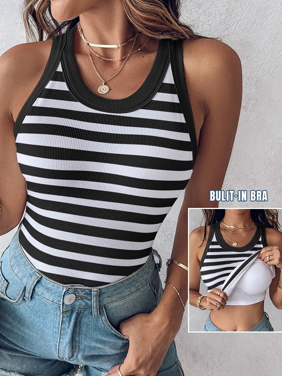 Dame Camisole Tank Top Helfarge Stripet Daglig Fritid Ermeløs Crew-hals Vanlige topper Daglig Trykt mønster Svart Lysegrønn Navyblå Grønn Sommer Vår Built-in Bra Ribbed 2025 - $19.99 –P8