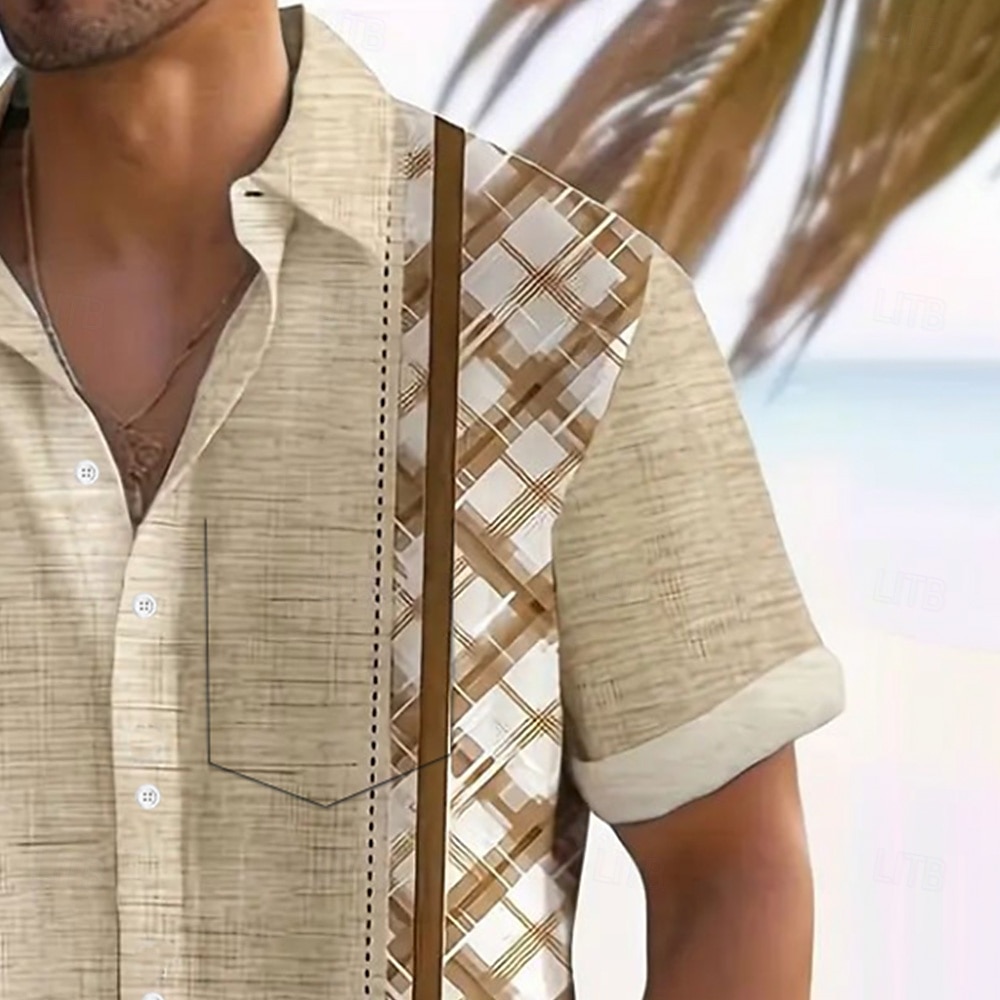 Męskie Geometryczny Kratka Koszula Letnia koszula Zapinana na guziki koszula Krótki rękaw Moda na co dzień Urlop Święto Streetwear Lato Wieczorne Druk 3D Jedna kieszeń z przodu Koszula z lnu Khaki 2025 - €21.37 –P2