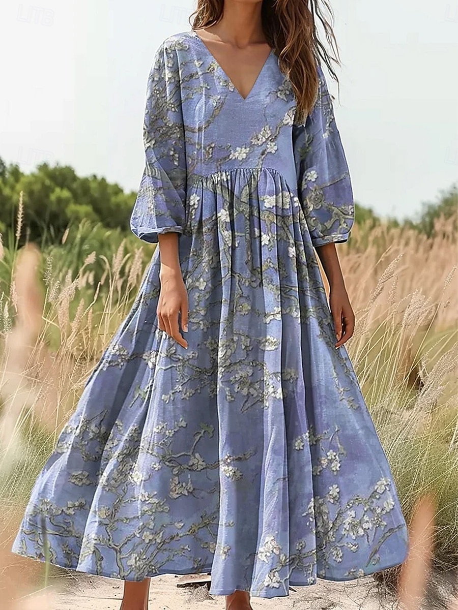 Dámské bavlněné lněné maxi šaty, letní šaty, plisované šaty na dovolenou, ležérní boho, na výlety, plážové, volný střih, 3/4 rukáv, výstřih do V, růžová, modrá, oranžová 2025 - $35.99 –P2
