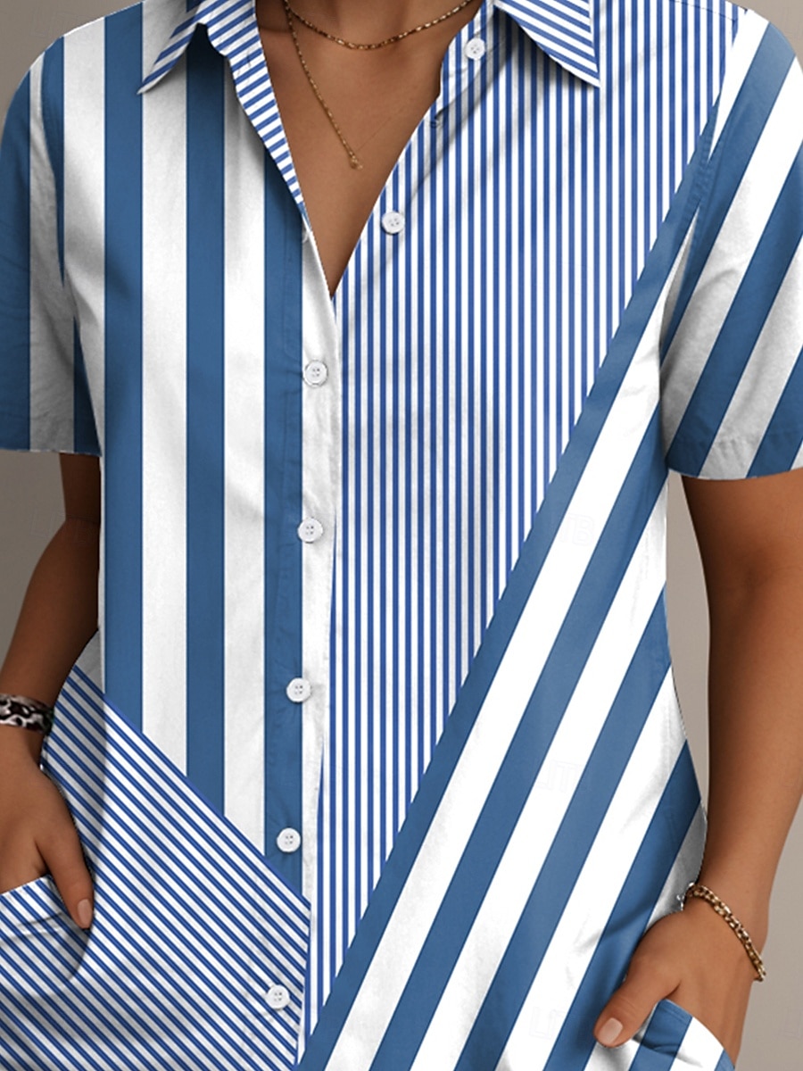 Femmes Chemise Graphique Géométrique Rayé ancien Élégant Occasionnel Manche Courte Col de chemise Hauts Réguliers Quotidien Rouge Bleu Vert Été Printemps de 2025 ? $24.99 –P3