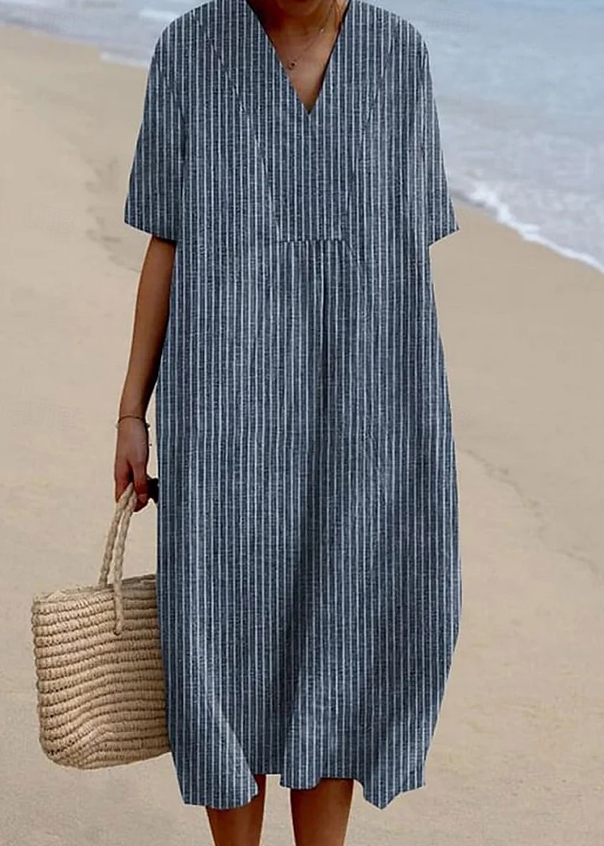 Per donna Abito Midi Vestito Estivo Abito a trapezio Vacanza Casual Spiaggia Feste Uscire Spiaggia Vestibilità comoda Grafico Geometrico A righe Mezza Manica Scollo a V Giallo Blu Grigio scuro Estate del 2025 a $36.99 –P1