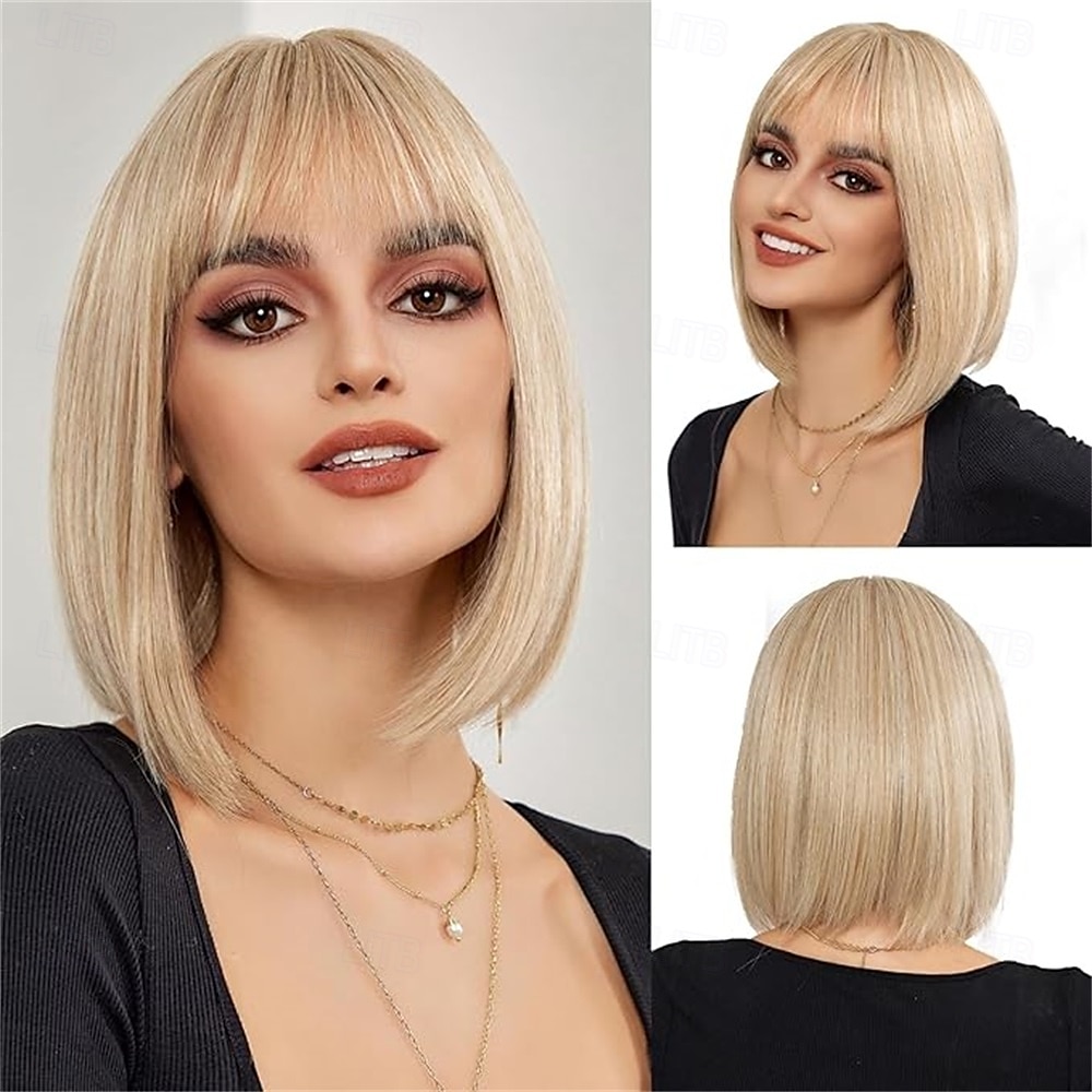 Ombré blond bob paruka s ofinou krátká rovná paruka pro ženy syntetické vlasy paruky pro denní párty cosplay nošení 2025 - $24.99 –P2