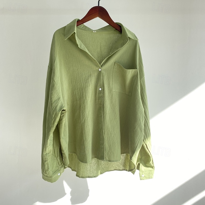 Damen Hemd Baumwoll-Leinen-Hemden Bluse Einfach Modern Lässig Langarm Hemdkragen Normale Oberteile Täglich Ferien Ausgehen Knöpfe Tasche Hellgrün Rosa Blau Aprikose Grau Sommer 2025 - $25.99 –P1