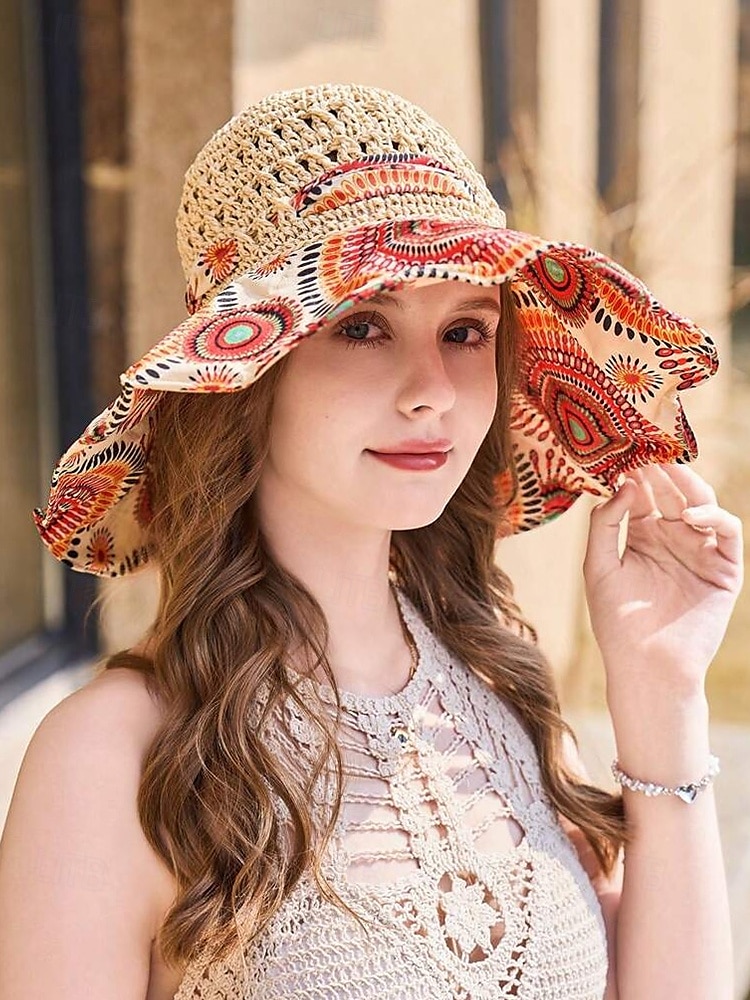 Women's Wide Brim Straw Sun Hat with Colorful Ethnic Print Bow – Boho Style Foldable Beach Hat for Summer Travel and Vacation 2025 - $14.99 –P4