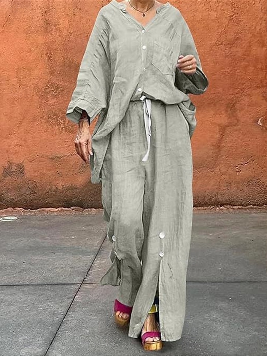 Femmes Actif Basique Ensembles en coton et lin manche longue Col en V Couleur Unie Décontracté Quotidien Noir Blanche Jaune Été Coupe régulière de 2025 ? $28.99 –P10