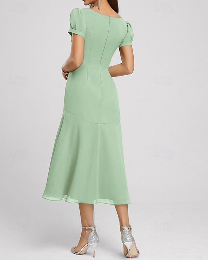 Ligne A Robe de Mère de Mariée  Élégant Simple Minimaliste Col en V Longueur thé Chiffon Manche Courte avec Plis Froncé 2025 de 2025 ? $125.99 –P3