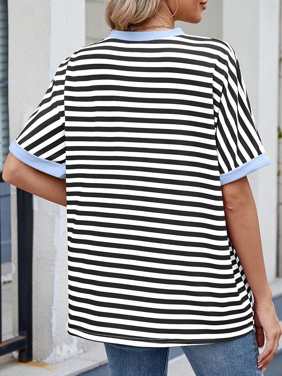 Femmes T-shirt Rayé Mode Élégant Moderne Manche Courte Col ras du cou Hauts Réguliers Quotidien Week-end Imprimé Noir Rouge Bleu Vert Été de 2025 ? $16.99 –P14