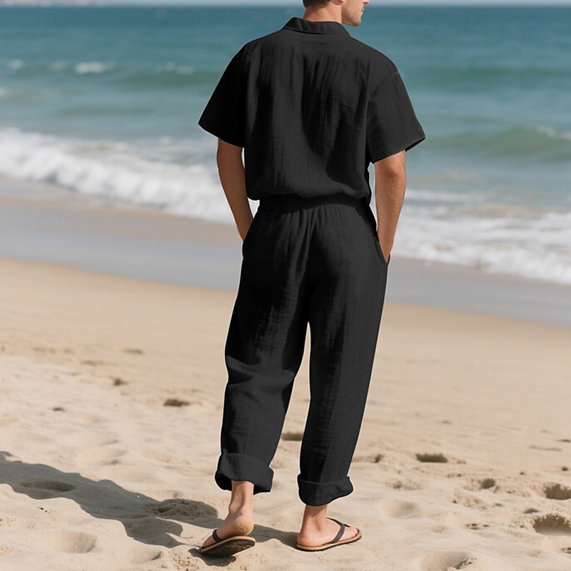 Men's Shirt Suits Shirt and Pant Sets 2 Pieces Outfits Short Sleeve Lapel Summer Plain Fashion Casual 2 Piece Vacation Daily Wear Going out Black White Khaki Top Tee for Men 2025 - $40.99 –P5