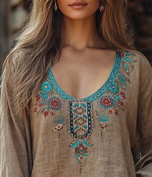 Damen Westernbluse Boho-Hemd Bluse Blume Boho Langarm V Ausschnitt Normale Oberteile Täglich Ausgehen Druck Kamel Khaki Sommer 2025 - $21.99 –P2
