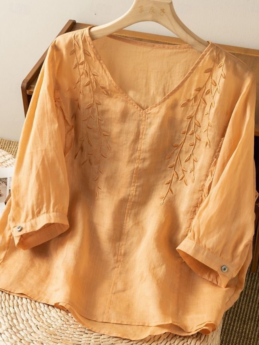 Cămașă de damă din bumbac și in, model floral, simplu, etnic, casual, mânecă 3/4, decolteu în V, croială regulată, topuri, zi de zi, brodat, galben, albastru marin, violet, portocaliu, caisă, vară 2025 - $17.99 –P1